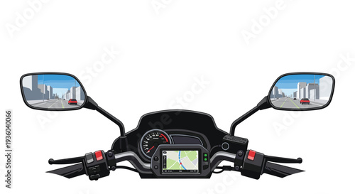 A first-person view from a motorcycle cockpit shows handlebars, a speedometer, a GPS device, and rearview mirrors reflecting a city street.