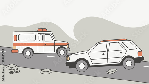 Emergency response scene with ambulance and damaged car on road