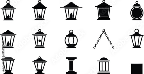 A collection of vintage and modern street lamp and lantern silhouettes for design projects