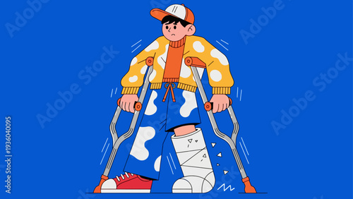 Young boy with broken leg on crutches looking concerned