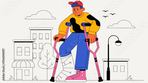 Young man with crutches standing confidently in urban setting