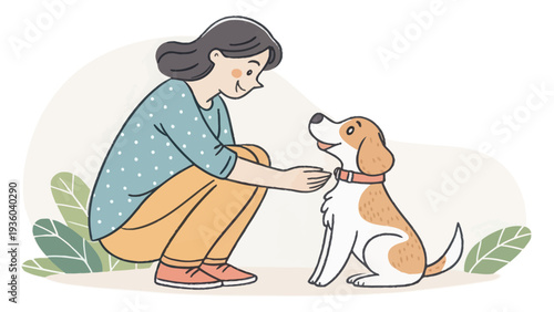 Woman crouching down to pet a happy dog outdoors in nature