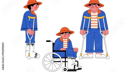 Children with disabilities using mobility aids in modern illustration