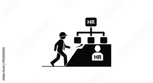 Business career growth recruitment HR concept with professional person walking up ramp to human resources management team, modern corporate illustration for success and employment
