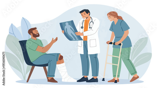 Doctor explaining X-ray results to patient with injured knee