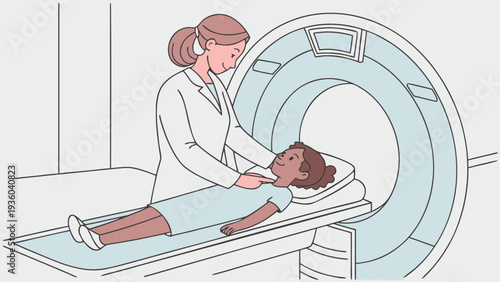 Doctor preparing young patient for MRI scan in modern medical facility