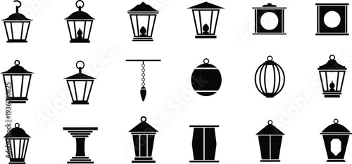 A comprehensive collection of various lantern and lamp icons in black and white silhouette style.