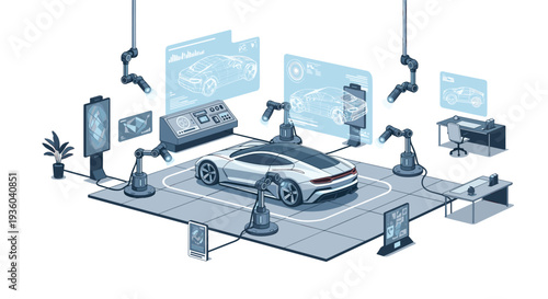 An isometric view of a polished silver sports vehicle on a grey platform with robotic manipulators and blue holographic displays.