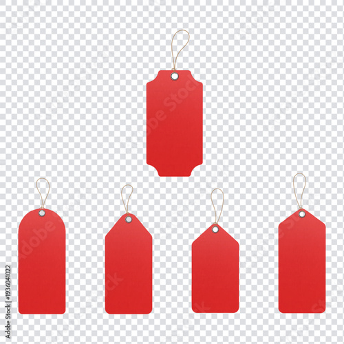 Empty Red price tags for clothing and different objects in diffeent styles and sizes