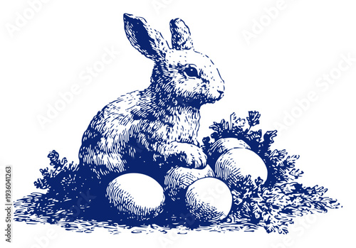 Detailed vintage style illustration of an Easter bunny sitting next to large eggs in the grass