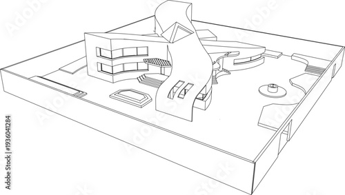 Technical isometric architectural drawing of a modern complex with a winding ribbon structure, multi-story block, and geometric landscape elements on a site base.