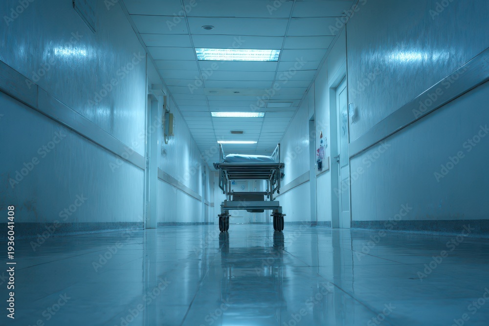 Obraz premium Quiet medical corridor bathed in cool fluorescent light, empty gurney ready for use