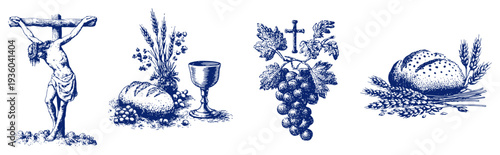Collection of christian religious symbols including the cross and eucharist elements
