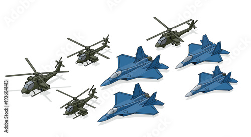 An isometric vector illustration features four blue fighter jets and four green military helicopters positioned on a clean white background.