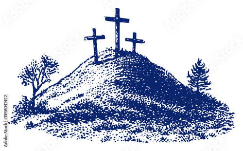 Hand drawn vintage engraving of three crosses on a hill representing golgotha and calvary