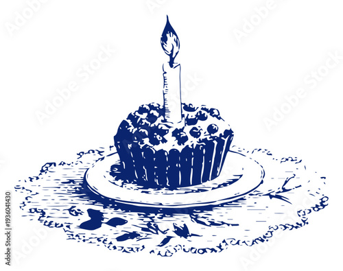 Traditional easter bread cake with a burning candle in vintage ink sketch style