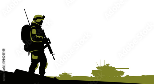 Soldier in military gear walks with rifle on hill with tank in background vector