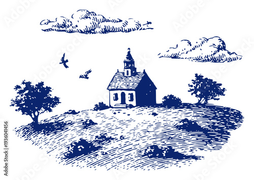 Old countryside church on a hill landscape in vintage woodcut engraving style