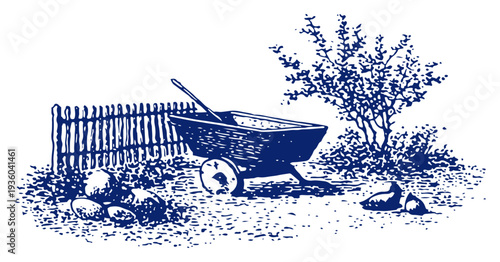 Rustic garden scene with wooden wheelbarrow and fence in hand drawn sketch style