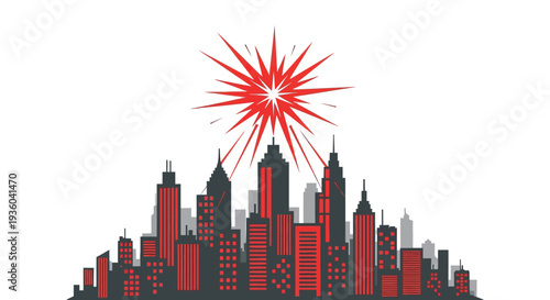 A vibrant cityscape celebrates with a firework at night in vector illustration.