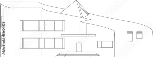 Technical architectural elevation showing modern building with angular pyramidal roof, curved roofline, grouped rectangular windows and central entrance with steps
