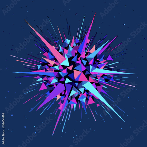 Abstract 3D Geometric Exploding Sphere with Neon Low Poly Triangles in Deep Space
