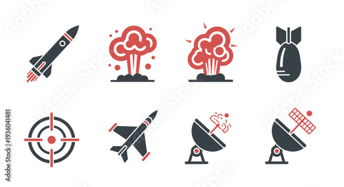 Military technology icons depict missiles, satellites, and bombs in action and targets.
