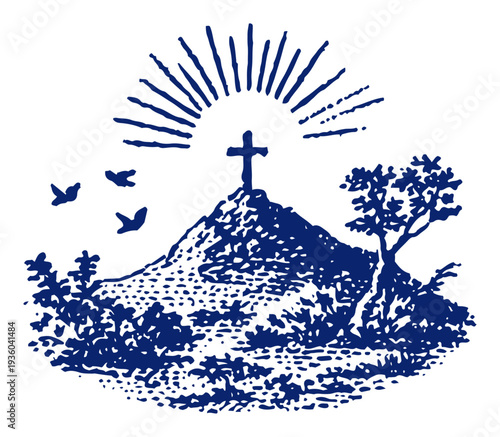 Christian cross on a hill with radiant sun rays in vintage etching style