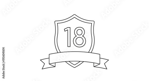 Sports themed shield icon with number eighteen on a ribbon vector graphic