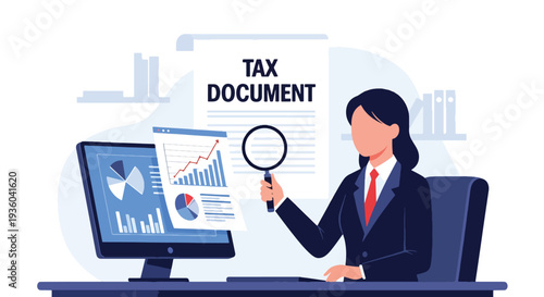 Modern vector illustration of small business owner check tax document with magnifying glass. Financial compliance and annual tax preparation concept