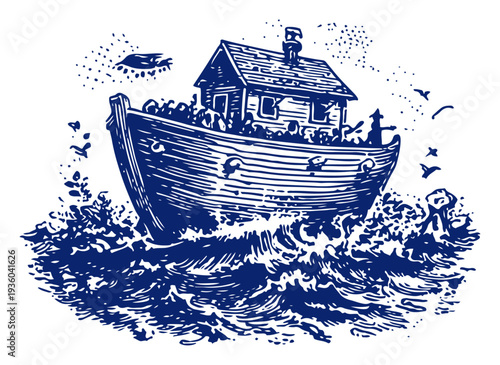 Detailed woodcut illustration of Noahs Ark vessel on the sea during the great flood