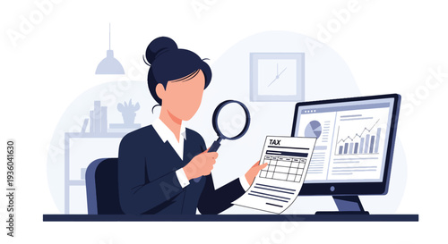 Modern vector illustration of small business owner check tax document with magnifying glass. Financial compliance and annual tax preparation concept