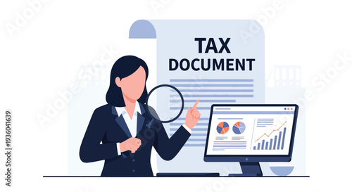 Modern vector illustration of small business owner check tax document with magnifying glass. Financial compliance and annual tax preparation concept
