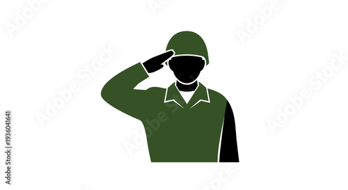 Soldier in green uniform saluting with helmet on, standing alone