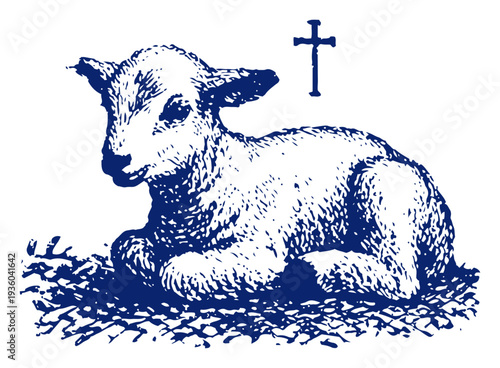 Detailed woodcut illustration of a lamb lying on the ground with a cross