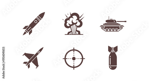 Military vehicles and weapons icons explode in action vector graphics on a battlefield