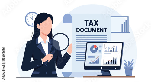 Modern vector illustration of small business owner check tax document with magnifying glass. Financial compliance and annual tax preparation concept