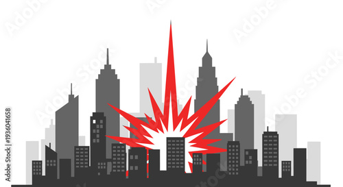 A city skyline with a large red explosion occurring in the center of downtown area at night