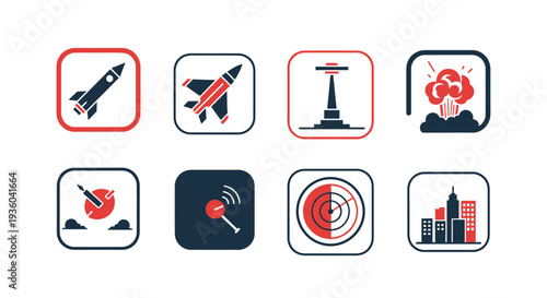 Vector icons depict technology and business symbols including rockets and targets on a city background
