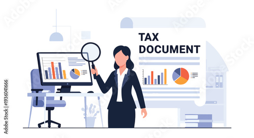 Modern vector illustration of small business owner check tax document with magnifying glass. Financial compliance and annual tax preparation concept