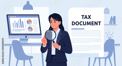 Modern vector illustration of small business owner check tax document with magnifying glass. Financial compliance and annual tax preparation concept