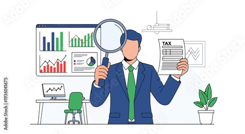 Modern vector illustration of small business owner check tax document with magnifying glass. Financial compliance and annual tax preparation concept