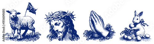 Vintage engraving collection of religious symbols including Jesus with thorns and the lamb of God