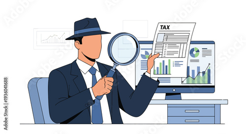 Modern vector illustration of small business owner check tax document with magnifying glass. Financial compliance and annual tax preparation concept
