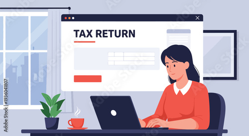 Modern vector illustration of taxpayer submitting online tax return through secure government portal on laptop. Digital e-filing and paperless financial compliance concept