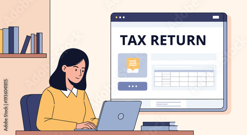 Modern vector illustration of taxpayer submitting online tax return through secure government portal on laptop. Digital e-filing and paperless financial compliance concept