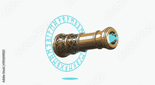 Antique Telescope with Runes and Mystical Circle, Detailed Illustration