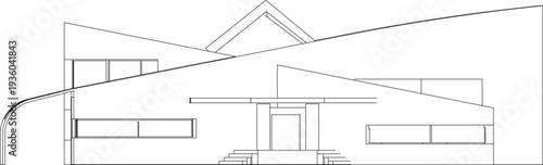 Technical architectural elevation showing modern building with dynamic overlapping angular rooflines, central entrance with steps and geometric composition in line art style.