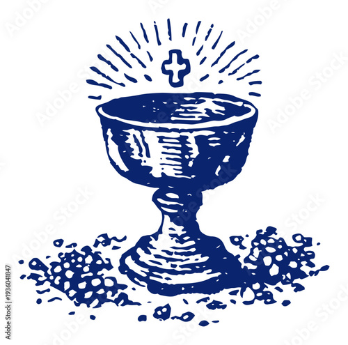 Vintage woodcut style illustration of a holy grail chalice with grapes and a cross