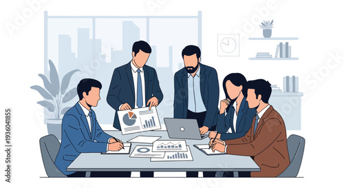 Modern vector illustration of business team discussing corporate tax strategy with financial charts in meeting room. Company compliance and fiscal planning concept